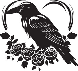 Fototapeta premium Hearts Companion Vector Logo Design with Perched Bird Ravens Nest Iconic Heart Vector Logo with Perched Raven