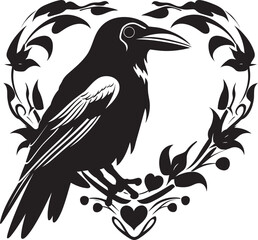 Fototapeta premium Hearts Companion Iconic Raven Symbol with Heart Devotions Guardian Raven Symbol with Perched Bird Icon
