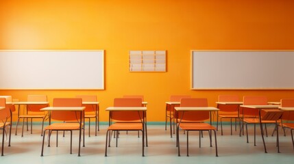 Empty Orange desks with chairs in classroom Front view background Back to school