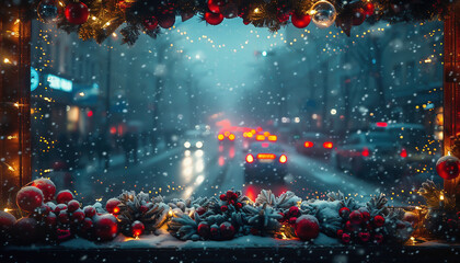 Christmas lights background. Huge foggy and snow covered window with Christmas decorations. Holiday time. Christmas decorations
