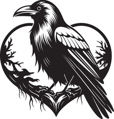 Fototapeta premium Heart and Raven Fusion Vector Logo Design Perched Raven Emblem Heart Vector Logo Icon