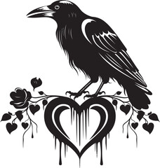 Raven Heartbeat Iconic Perched Bird Emblem Hearts Guardian Vector Logo Design with Perched Raven