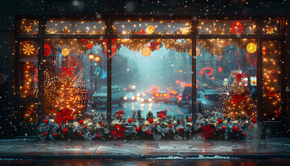 Christmas lights on the window. Huge foggy and snow covered window with Christmas decorations....