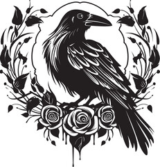 Naklejka premium Perched Raven Emblem Vector Logo Design with Heart Icon Hearts Companion Raven Heartbeat Vector Logo