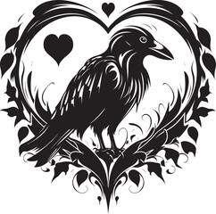 Naklejka premium Heartfelt Raven Iconic Vector Logo Design Ravens Reverie Heart Vector Logo with Perched Bird Icon