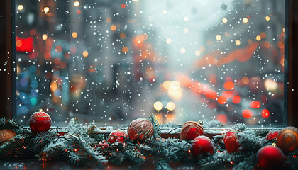 Christmas background with balls. Huge foggy and snow covered window with Christmas decorations....