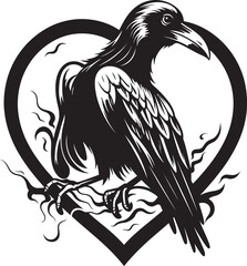 Fototapeta premium Perched Raven Emblem Heart Vector Logo Icon Ravens Reverie Heart Vector Logo with Perched Bird