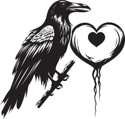 Fototapeta premium Perched Raven Emblem Iconic Heart Vector Logo Hearts Companion Vector Logo Design with Perched Bird