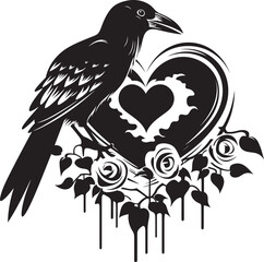 Fototapeta premium Heartfelt Connection Heart Vector Logo with Perched Raven Ravens Rest Iconic Perched Bird Emblem