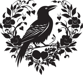 Naklejka premium Guardian of Love Raven Perched on Heart Emblem Hearts Watcher Raven Vector Logo Design with Perched Bird
