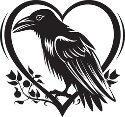 Naklejka premium Heartfelt Guardian Raven Perched Vector Logo Wings of Affection Raven on Heart Symbol Logo