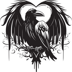 Naklejka premium Guardian of Souls Raven Symbol Vector Logo Hearts Sentinel Iconic Raven Perched Vector Logo