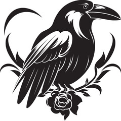 Fototapeta premium Devotions Guardian Raven Perched on Heart Icon Wings of Love Raven Symbol Vector Logo Design
