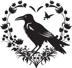 Fototapeta premium Ravens Solace Heart Symbol with Perched Bird Emblem Devotions Guardian Raven Perched on Heart Icon