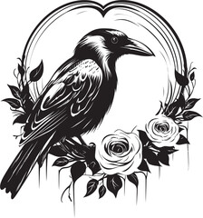Fototapeta premium Heartfelt Connection Heart Symbol with Perched Bird Icon Ravens Embrace Iconic Raven Perched Vector Logo