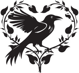 Fototapeta premium Hearts Companion Iconic Raven Perched Vector Logo Sentimental Protector Raven Symbol with Heart Vector Logo