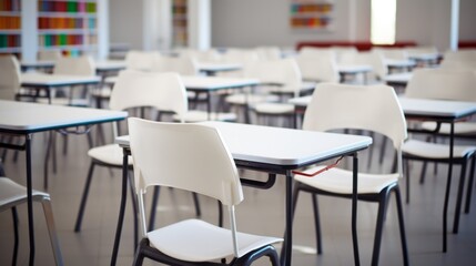 Fototapeta na wymiar Classroom with white rows of empty chairs and tables View of an empty class on a blurred background