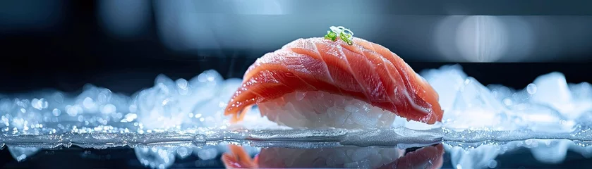 Fotobehang A single perfect slice of sashimi elevated on a pedestal of ice © 220 AI Studio