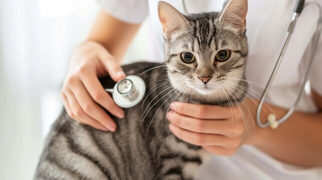 Veterinarian listens to a sick cat with a stethoscope, conducts a medical examination, first aid and appointment in a veterinary clinic