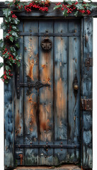 Old wooden door decorated for Christmas. Christmas elements.