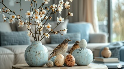 Obraz premium Interior of modern living room with flowers, Easter eggs and porcelain quails on coffee table