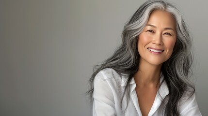 Fototapeta premium Beautiful smiling asian age model woman with long gray chic hair on a plain background. Advertising of age-related cosmetics, hair products, beauty industry