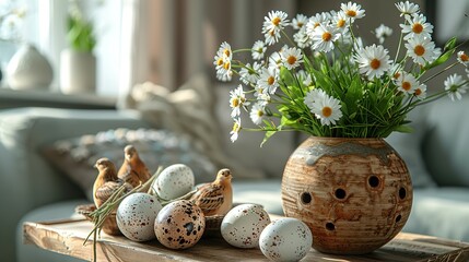 Interior of modern living room with flowers, Easter eggs and porcelain quails on coffee table - obrazy, fototapety, plakaty