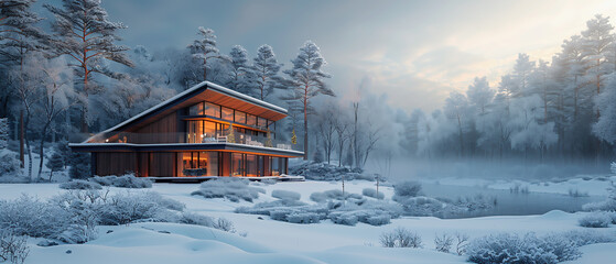 House in the snow. An ultra-modern house decorated for Christmas on the edge of a snowy forest. Christmas elements.