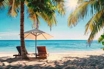 Deckchairs, Parasol, and Palm Trees in Tropical Harmony