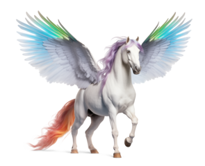 White pegasus horse with rainbow wings on isolated background