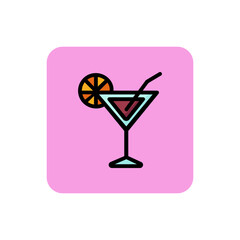 Icon of cocktail with straw. Vermouth, alcoholic beverage, lemon. Cocktail and celebration concept. Can be used for topics like party, bar, lounge.