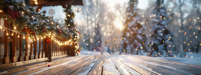 Wooden terrace of a house decorated for Christmas against the blurry background of a snow-covered forest on a sunny day. Christmas elements.