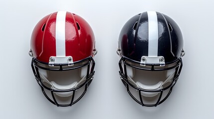 Fototapeta premium a couple of helmets sitting next to each other on a white surface with a white stripe on the side of the helmet.