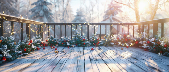 Wooden terrace of a house decorated for Christmas against the blurry background of a snow-covered forest on a sunny day. Christmas elements.
