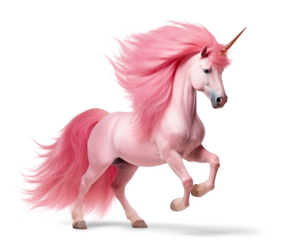 Majestic pink unicorn horse standing on isolated background