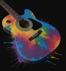 An acoustic guitar with a vibrant splash of rainbow colors against a black background, symbolizing a fusion of music and art. AI generation