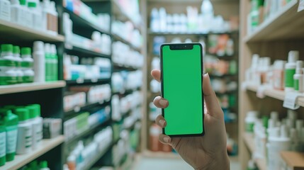 In a pharmacy among shelves with medicines, a hand holds a smartphone with a green screen. An application application for ordering medicines at home