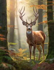 A stately stag with towering antlers stands alert in the hazy light of an autumnal forest, embodying the spirit of the wild AI generation