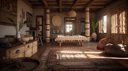 Design of a cozy living room interior in a modern African style. AI generated.
