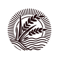 Circular Sun with Wheat Rice Land Farm Symbol Illustration