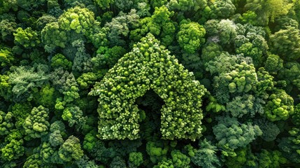 A house made of trees is shown in a lush green forest