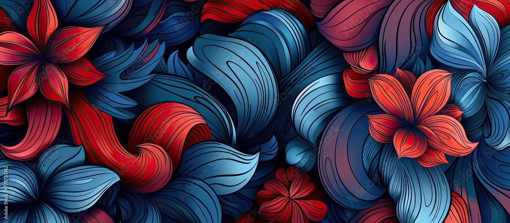 Poster a mesmerizing pattern of electric blue, azure, purple, and magenta petals intertwined with vibrant r