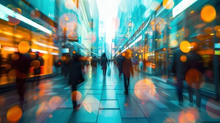 A blurry photo of a busy city street with people walking and cars driving