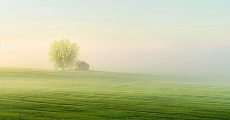 Tranquil Dawn: Misty Morning Embrace Around Solitary Farmhouse amid Green Fields, Bathed in Sunlight