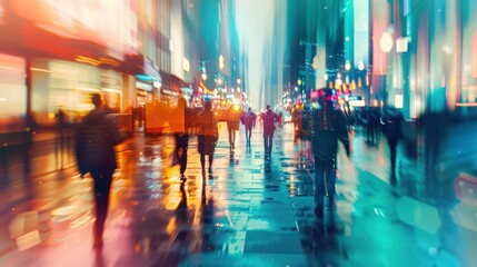 A blurry image of a busy city street with people walking and cars driving