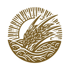 Golden Circular Sun with Wheat Rice Land Farm Symbol Illustration