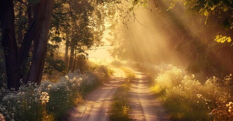 tranquil Pathway: Winding Country Road Amid Blooming Wildflowers, Towering Trees, and Sunlit Serenity