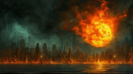 a painting of a fireball in the middle of a city with a large body of water in front of it.