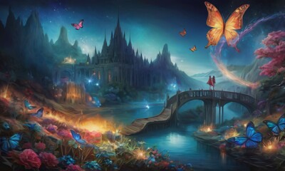 A vibrant evening scene by a lake, where butterflies and flowers bask in the glow of an enchanted castle. AI generation