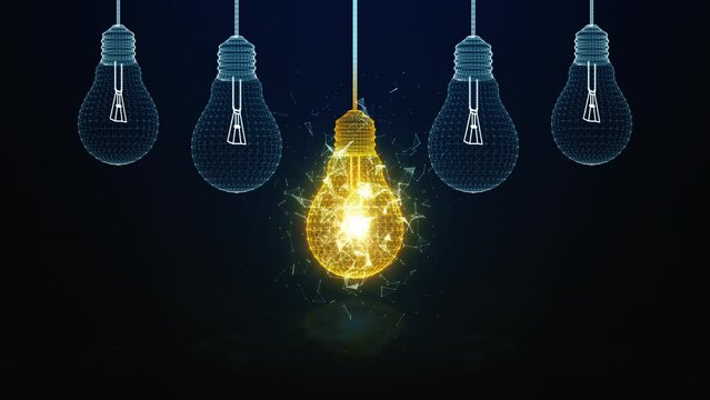 Creative idea concept bright and glowing light bulb stands out among unlit wireframe bulbs against a dark background.